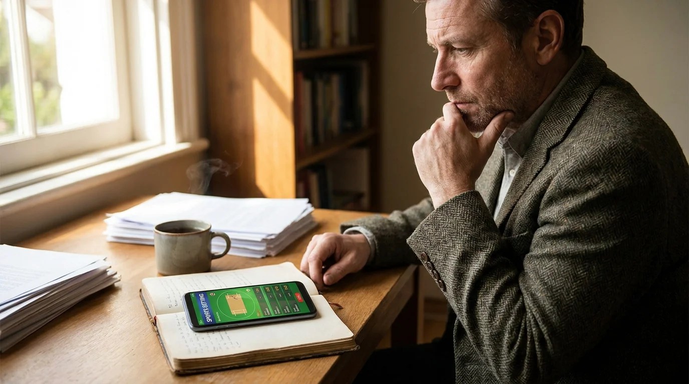 Cricket punter pauses sceptically at a desk with a phone showing a sportsbook screen