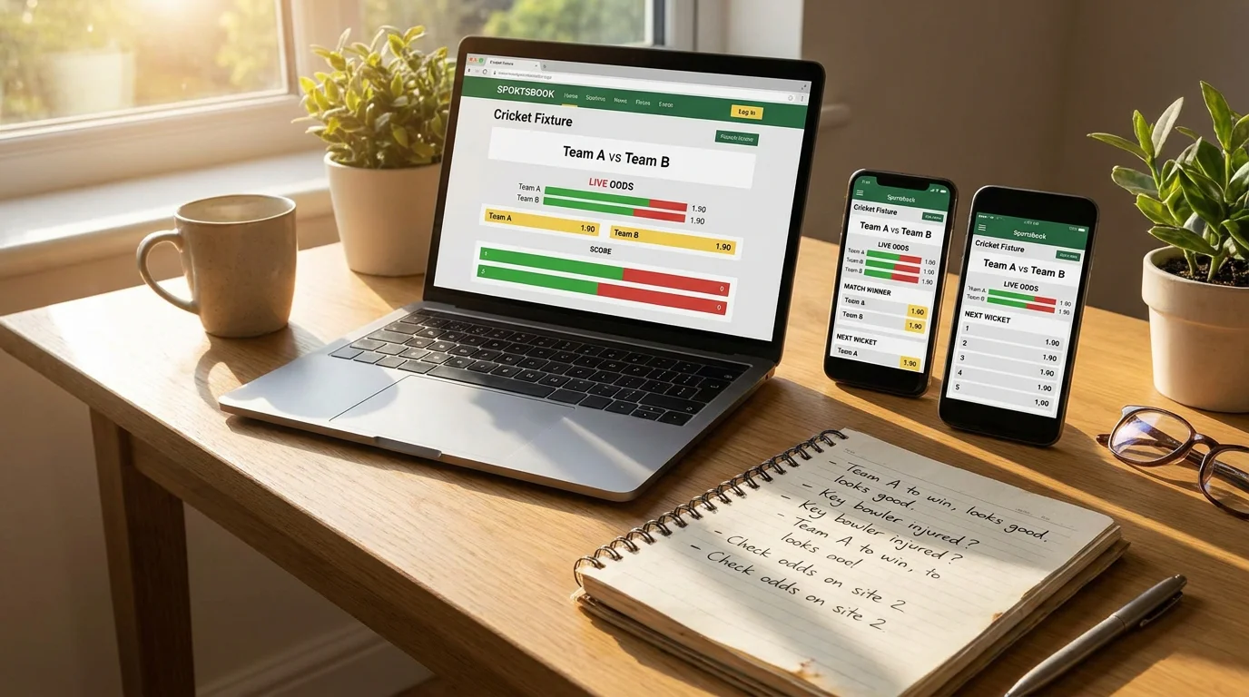 Cricket punter checks the same match's odds on two phones placed next to a laptop