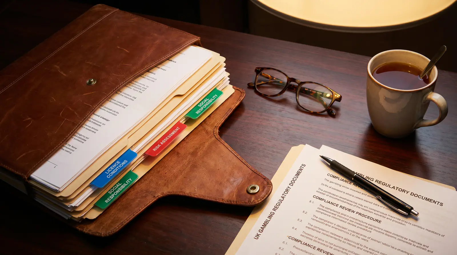 Open folder of UK gambling regulatory documents on a compliance officer's desk with tabs marking key licence sections