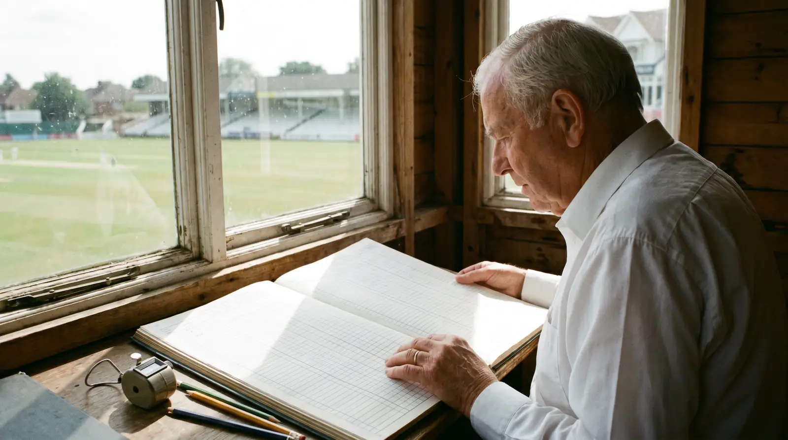 Cricket scorer reviews the official innings scorebook between overs at a county ground