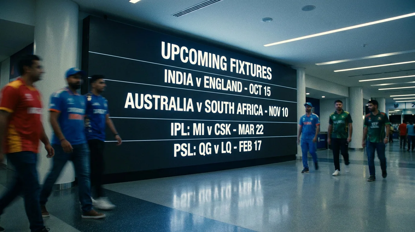 Large stadium fixture board listing the upcoming run of international and franchise cricket matches across the season