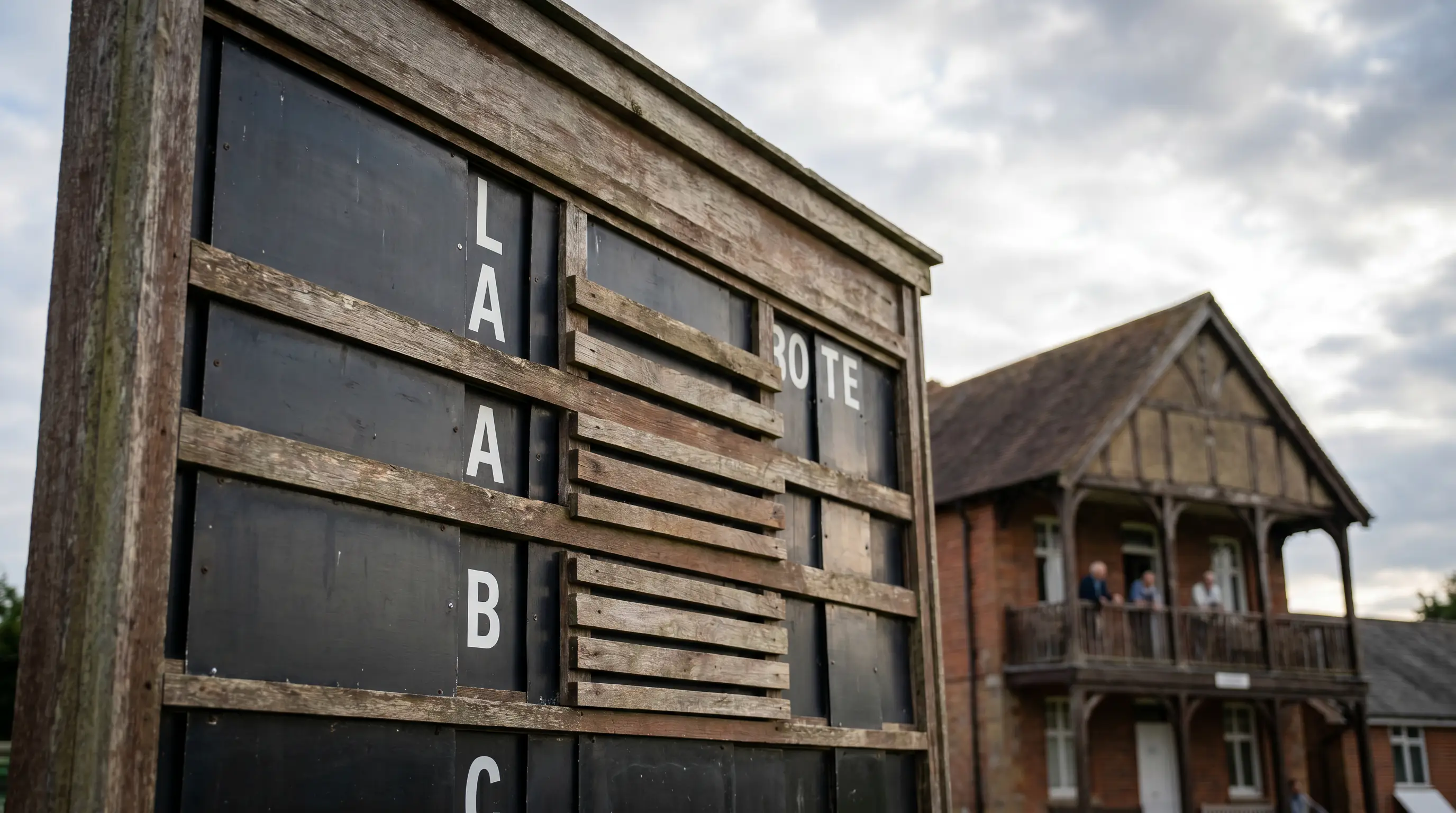Manual scoreboard shows session segments and over count at a traditional cricket ground