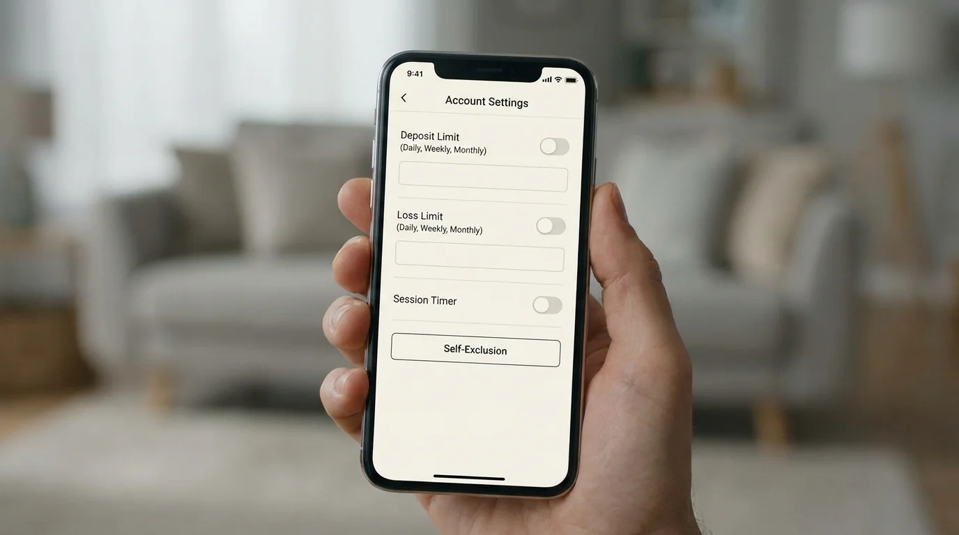 Smartphone screen showing deposit limit and self-exclusion controls inside a UK cricket sportsbook account settings page