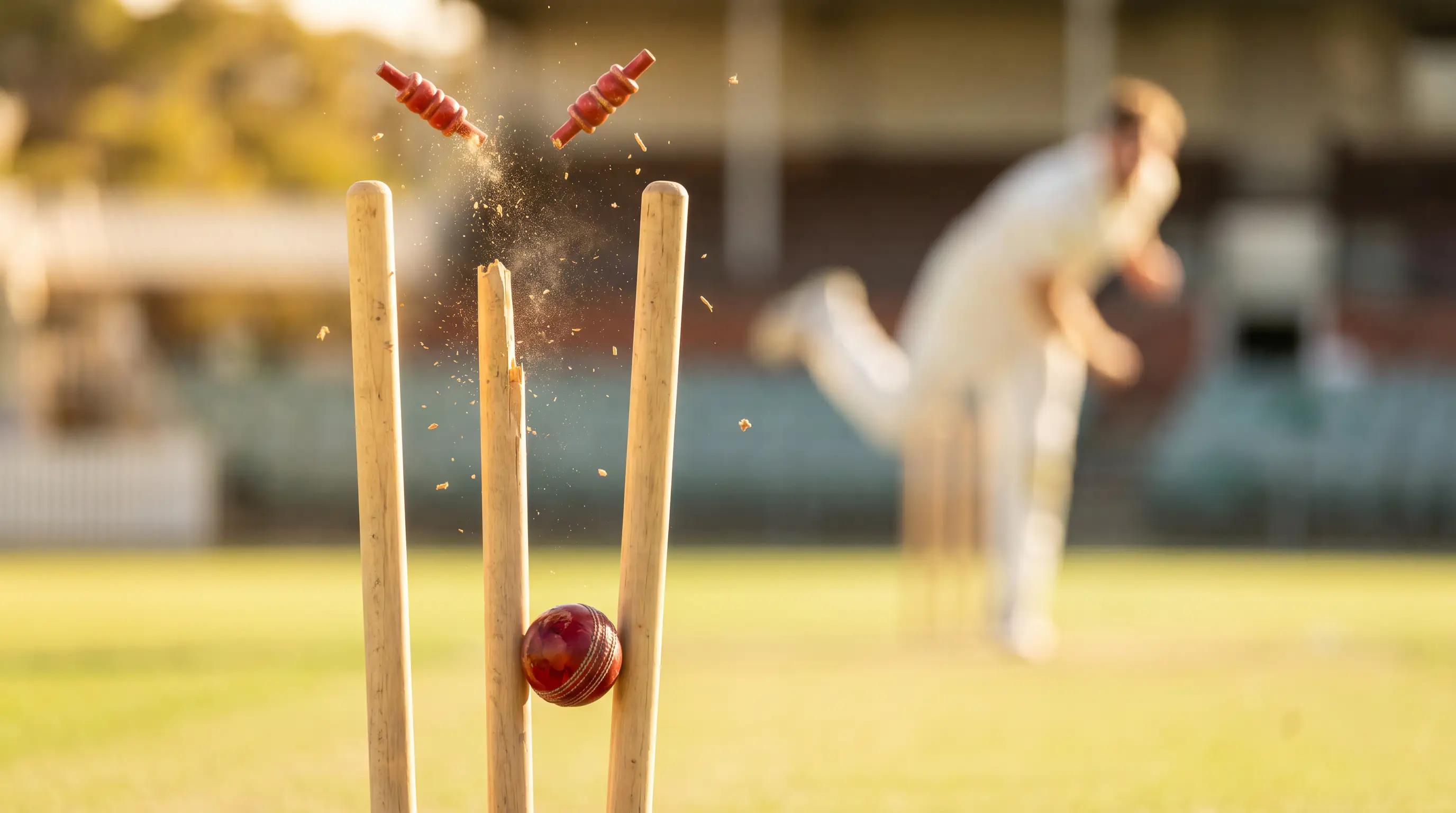 Cricket stumps with the bails dislodged immediately after a bowled dismissal