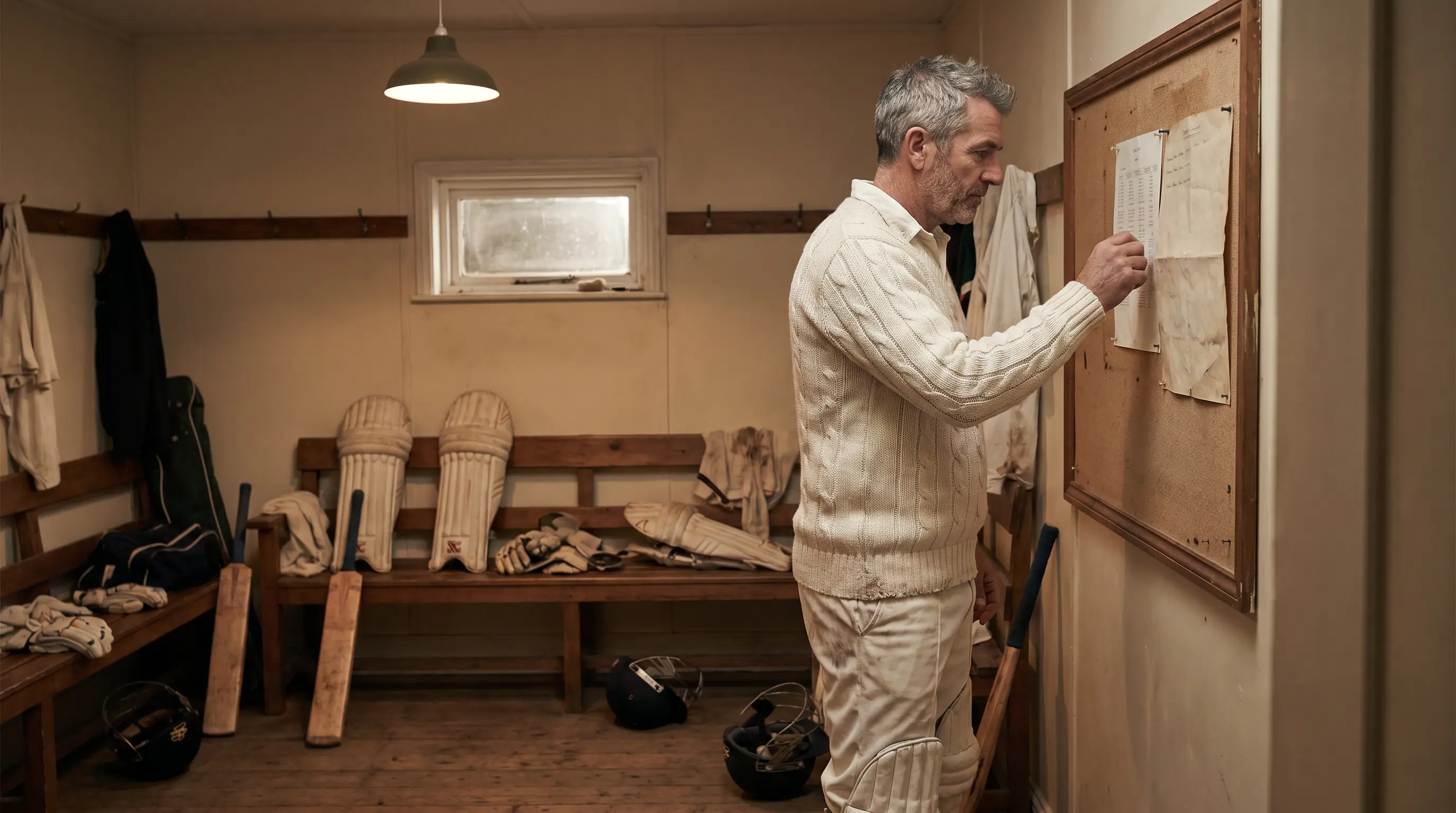 Captain reviews a printed team sheet pinned to the dressing-room board before a fixture