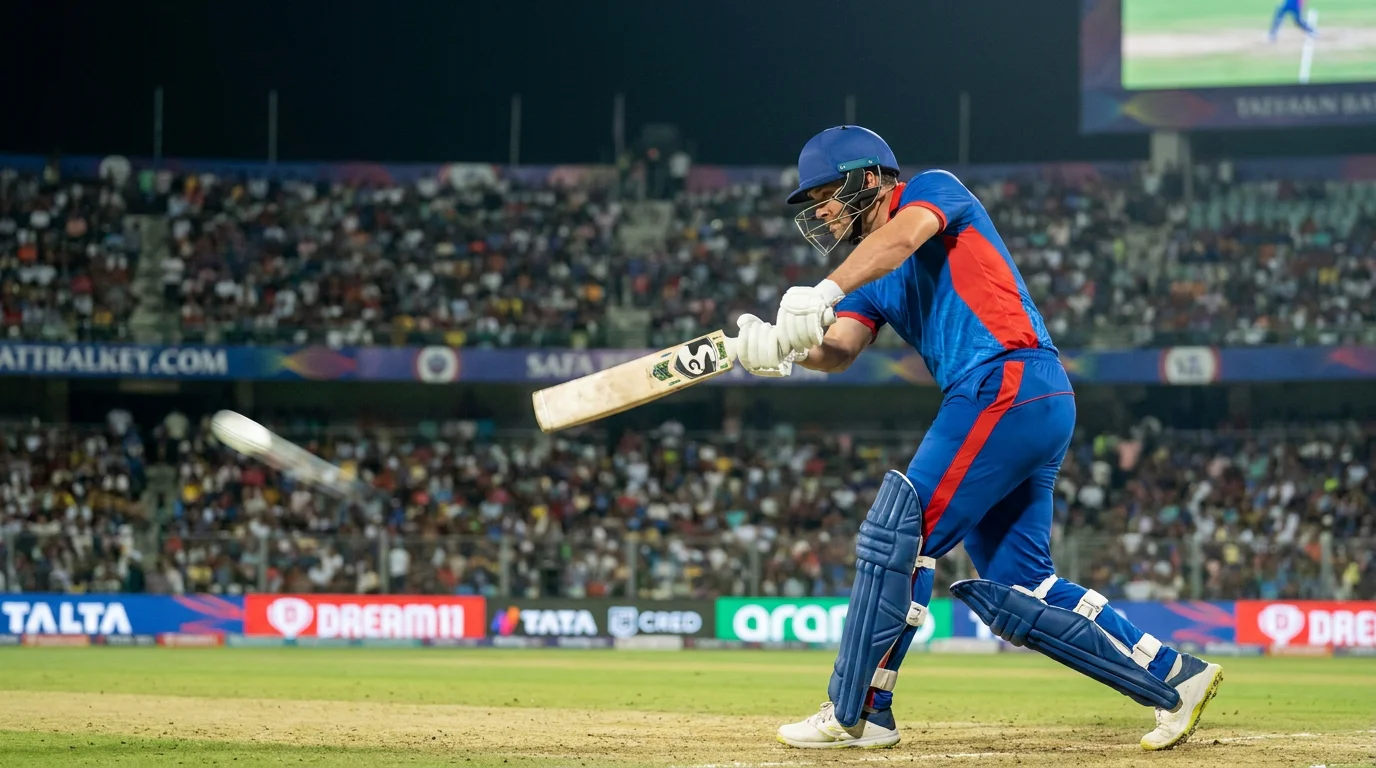 International cricket batter playing a cover drive through the off-side under floodlights during a limited-overs match