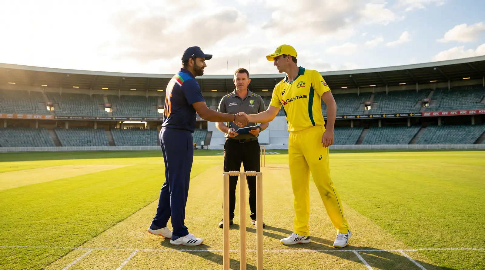 Two cricket captains shake hands beside the match referee after the official pre-match toss