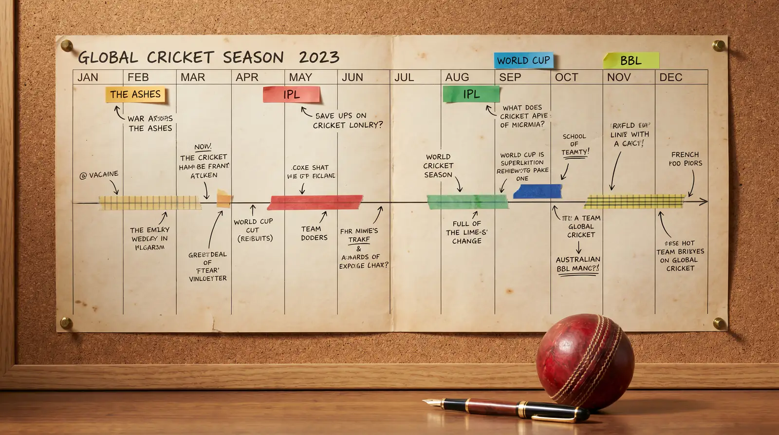 Wall planner showing the global cricket tournament season with markers for major series and franchise leagues