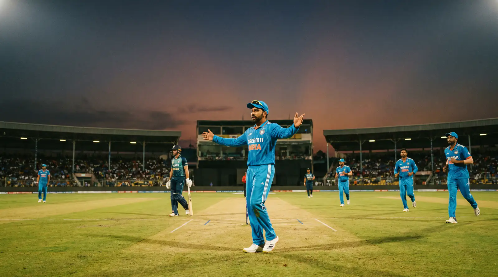 Death-overs T20 captain repositions fielders late in a floodlit innings