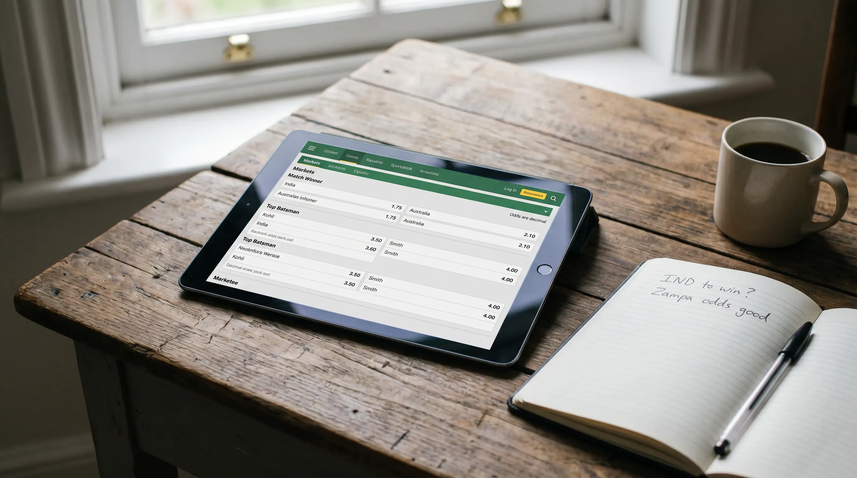 Tablet on a desk shows cricket match odds in decimal format on a sportsbook page