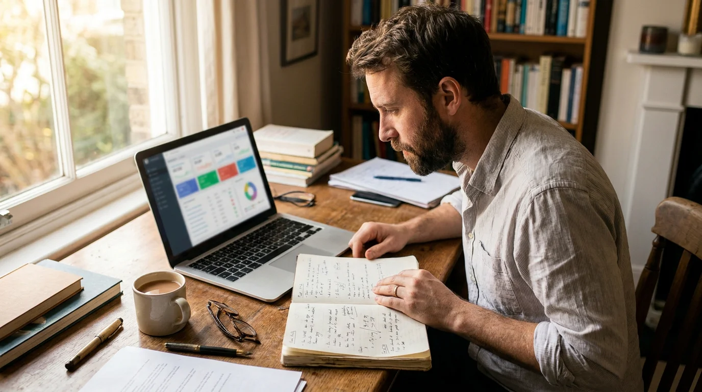 Punter compares model output with paper notes at a tidy desk in afternoon light