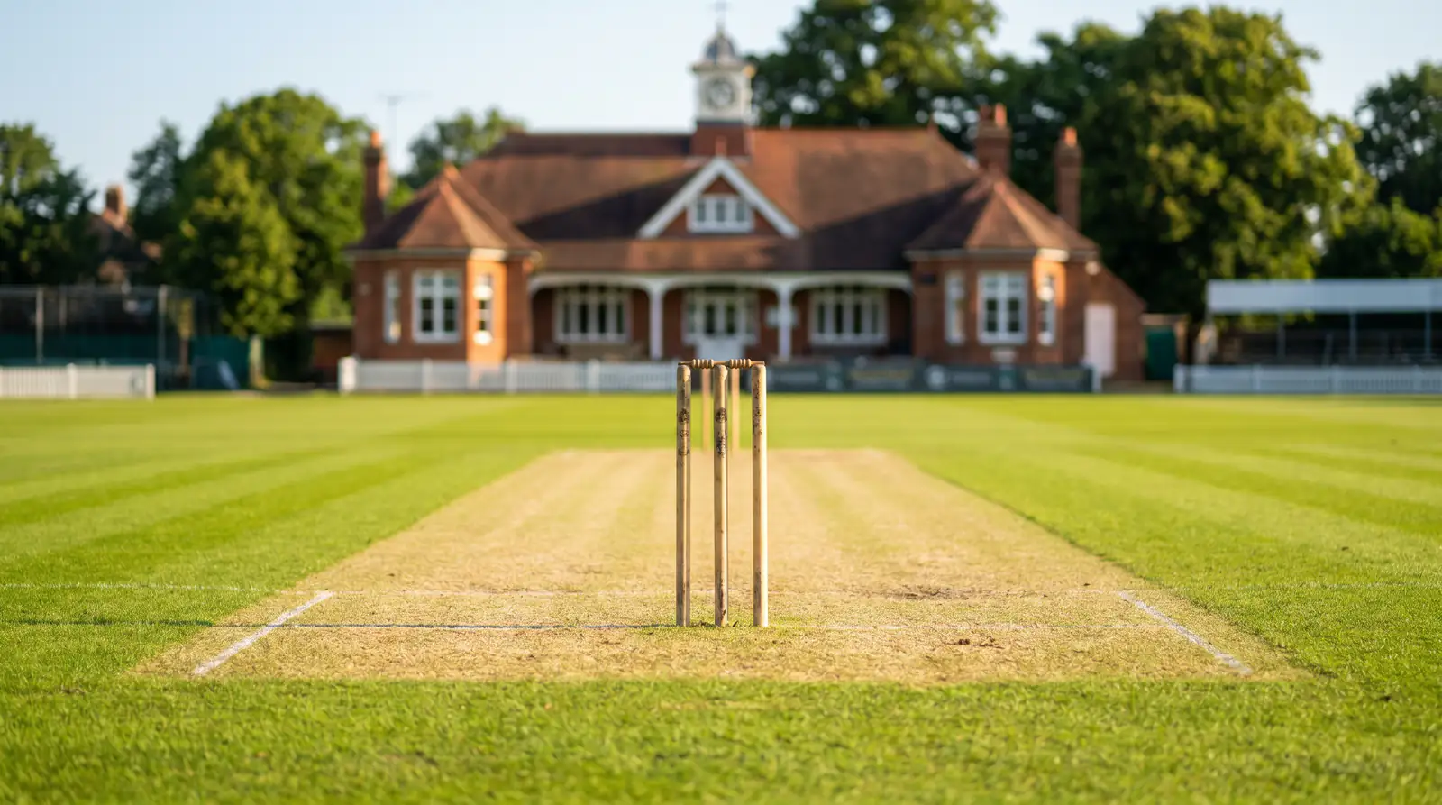 Test-style English county pitch with stumps set up for a Division One four-day match