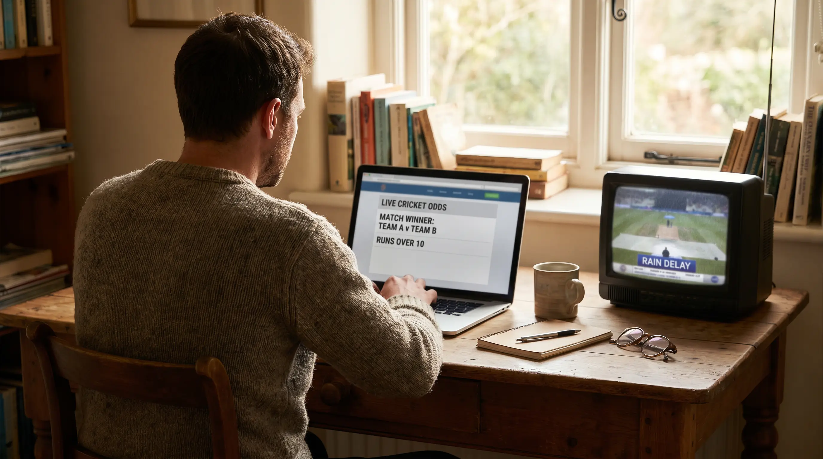 UK punter follows in-play repricing on a laptop as rain interrupts a cricket innings