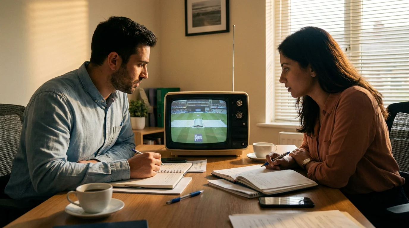 Two cricket analysts discuss the par-score tracker on a TV broadcast at a quiet desk