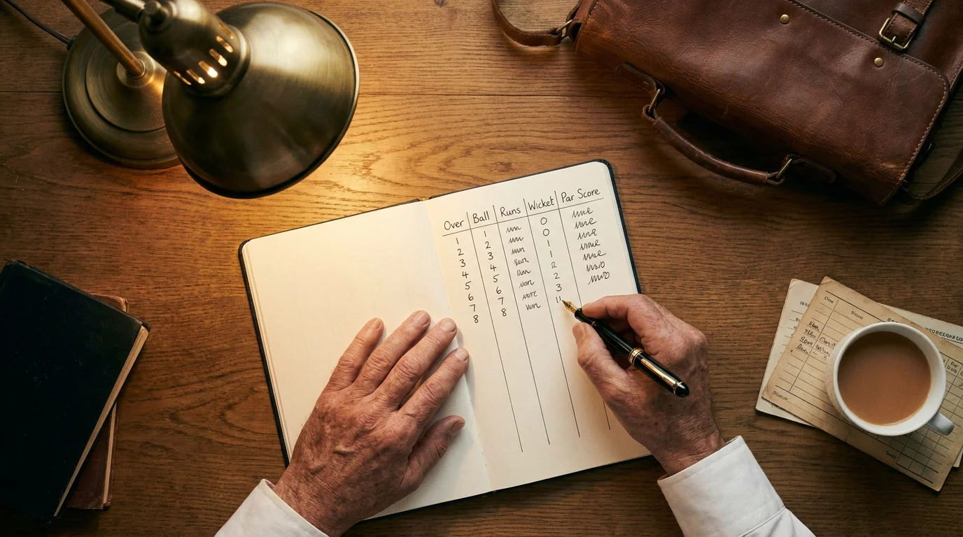 Cricket scorer notes par-score adjustments in a paper notebook during a rain delay