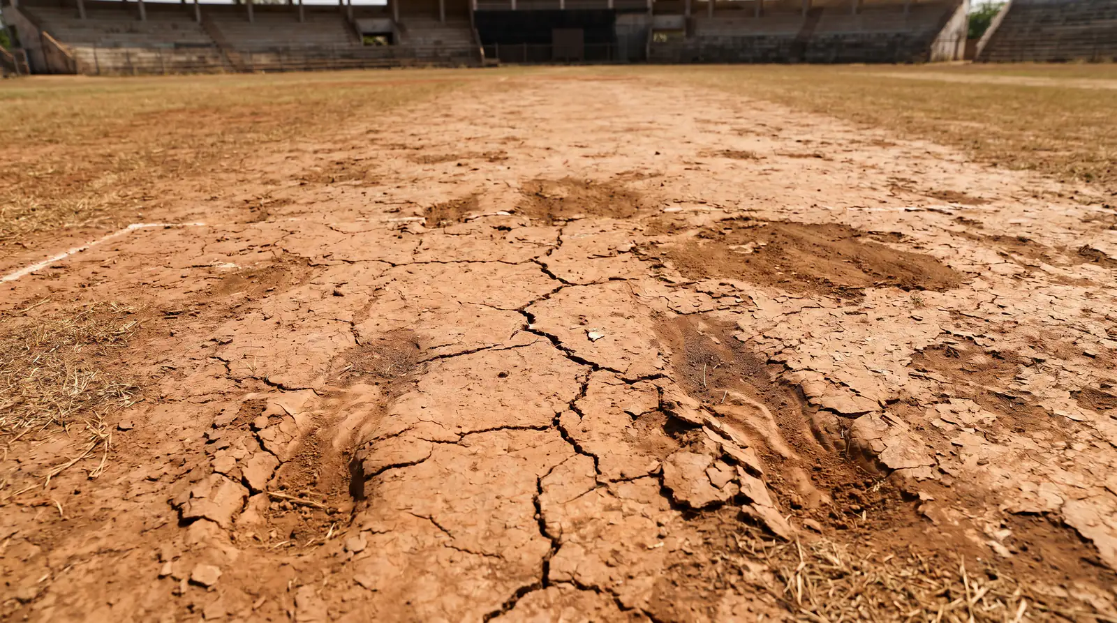 Dry cracked subcontinent cricket pitch with footmarks left by the bowlers