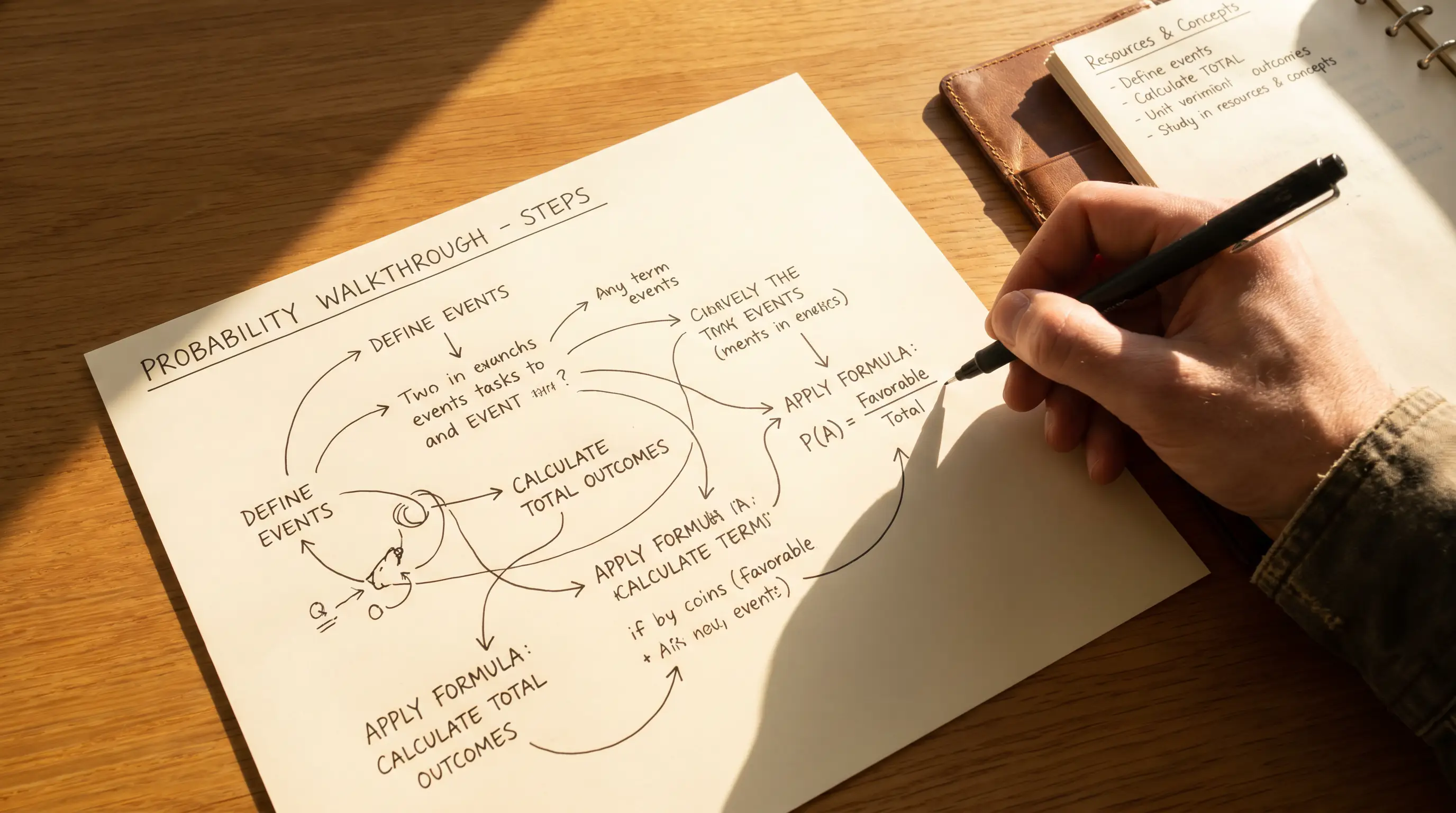 Analyst walks through an expected-value calculation by hand on plain paper