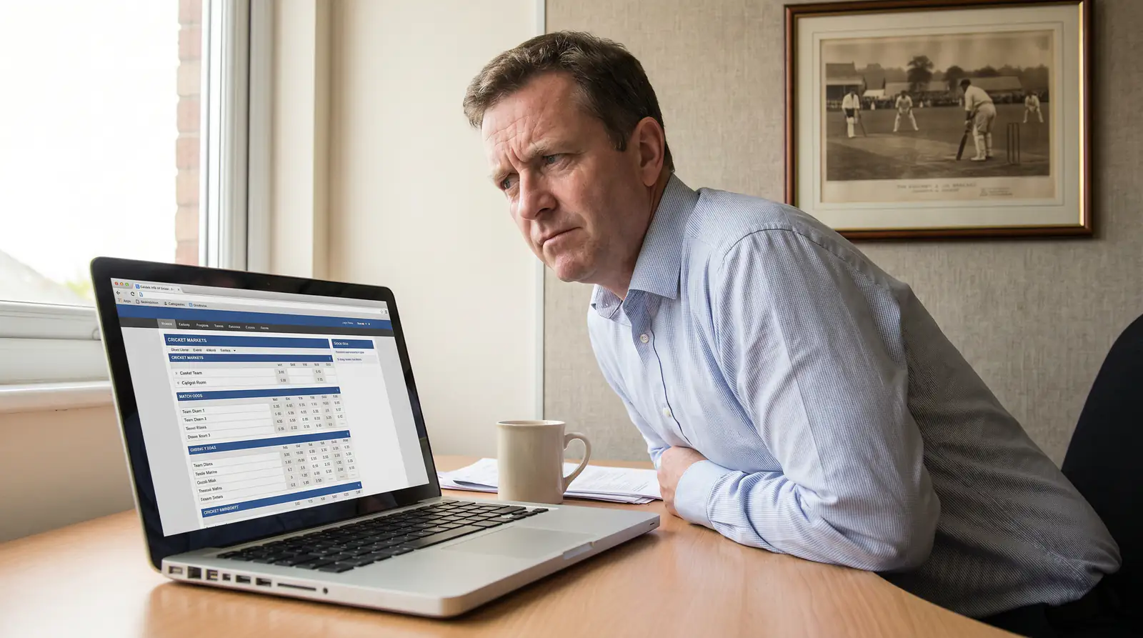 Cricket punter pauses sceptically over a sportsbook page on a laptop