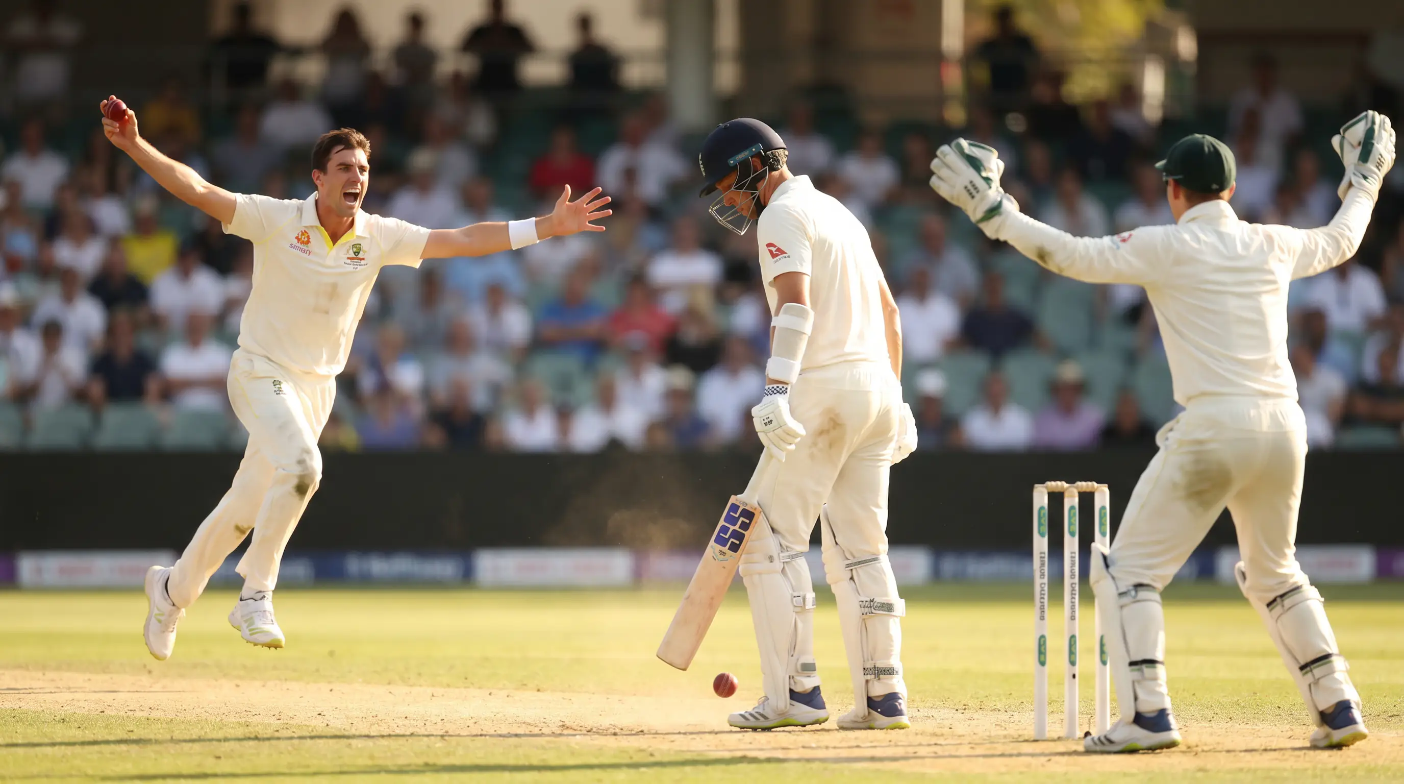 Fast bowler appeals for an lbw decision arms raised behind the batter