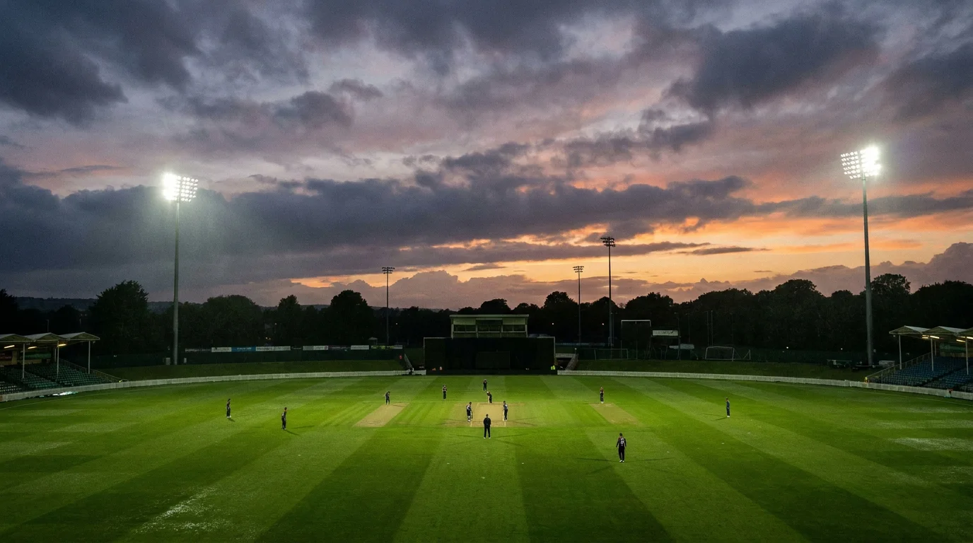 Floodlit T20 cricket ground at dusk with low clouds rolling across the outfield