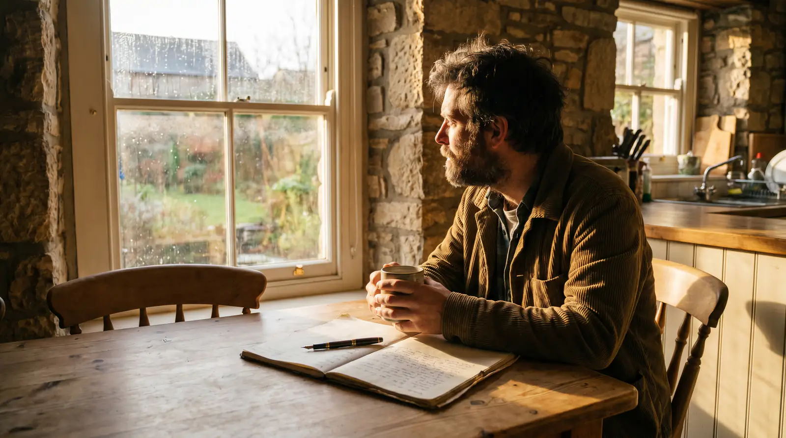 British man reflects calmly at a kitchen table with a tea mug and an open notebook