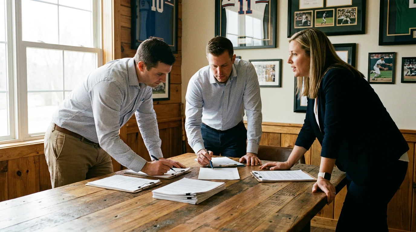 Cricket franchise executives confer at a wooden table with paper documents