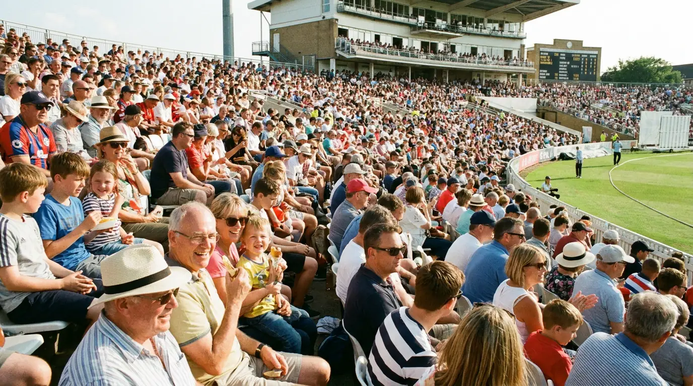 Family crowd in summer attire enjoys a Hundred match from a packed grandstand