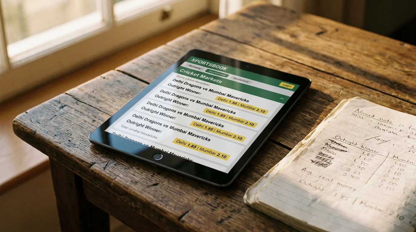 Punter reviews The Hundred markets on a tablet on a wooden desk at home