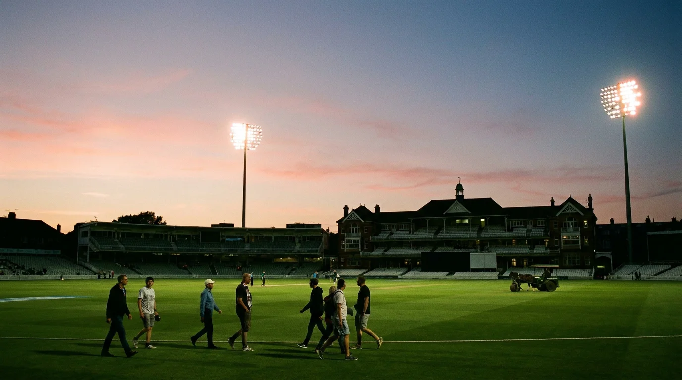 Summer evening at an English cricket ground with the floodlights coming on