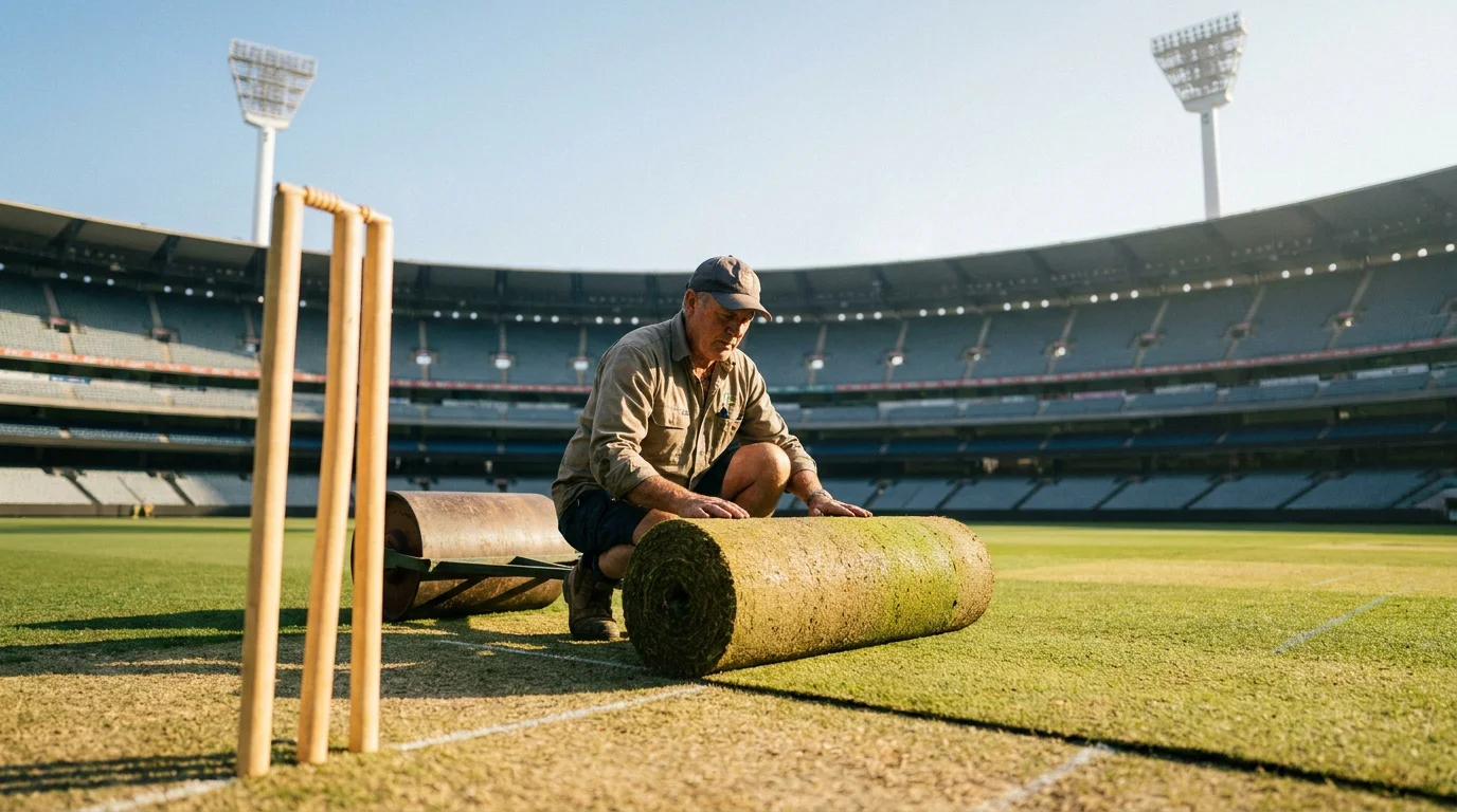 Pitch curator inspects an international cricket pitch on a clear tournament morning