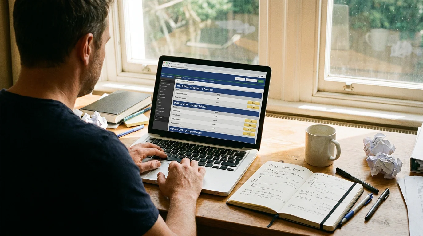 UK punter reviews ICC World Cup outright markets on a laptop with a notebook beside