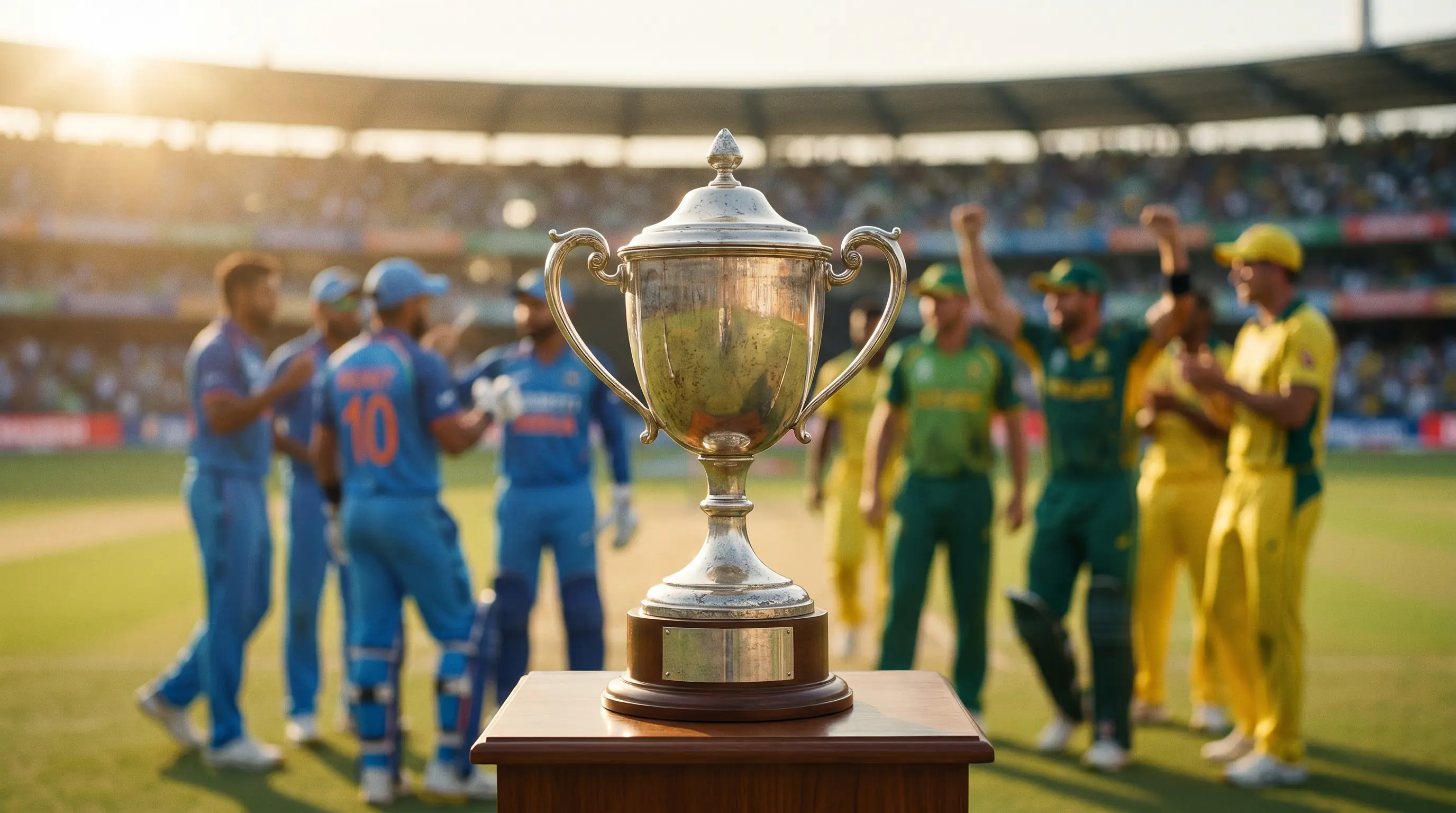 Cricket trophy stand at an ICC tournament with players in international kit nearby