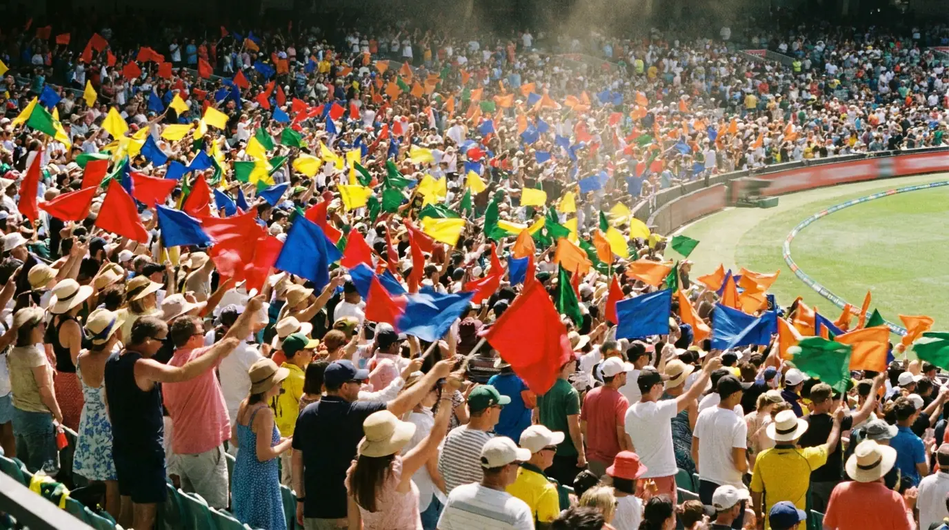 Cricket fans in the crowd wave national flags during an ICC tournament fixture