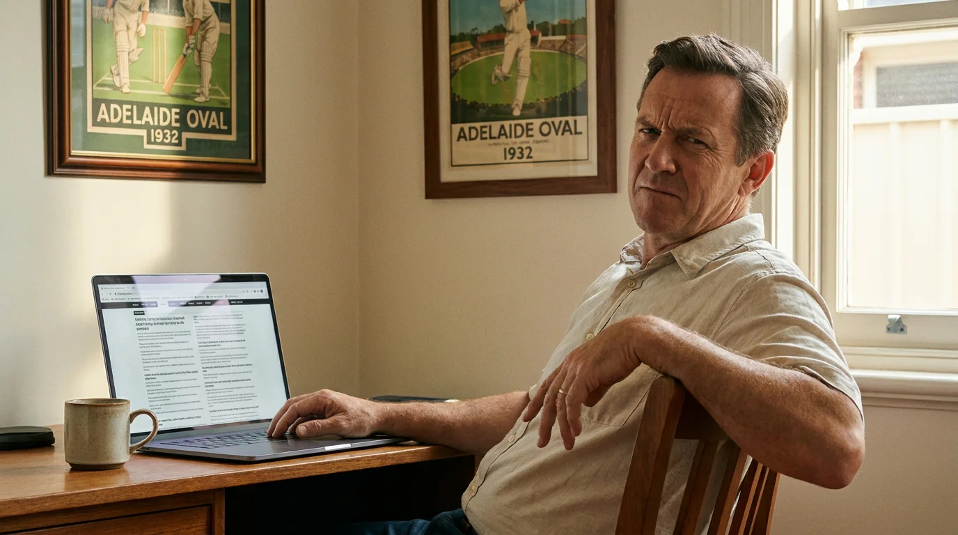 Punter pauses sceptically at a desk while reading website terms on a laptop