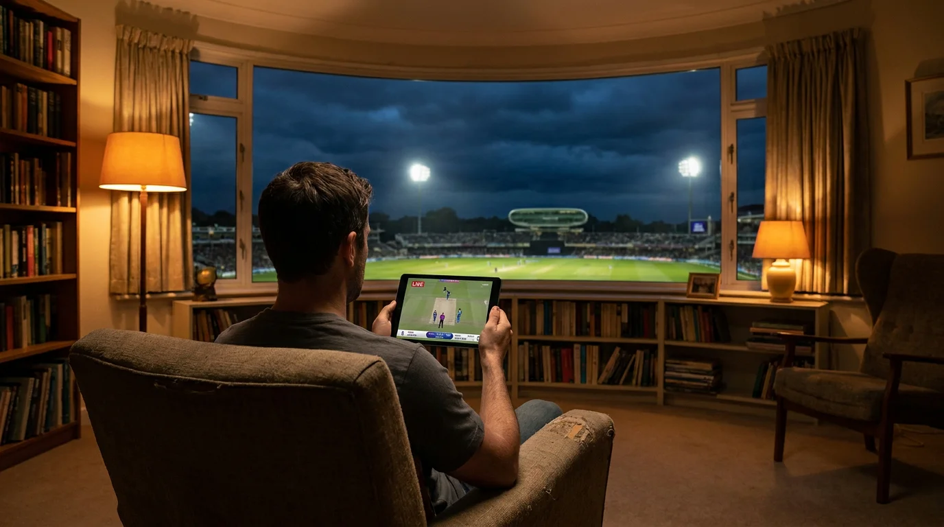 Punter watching a live cricket match on a tablet during the evening session with floodlit stadium in view