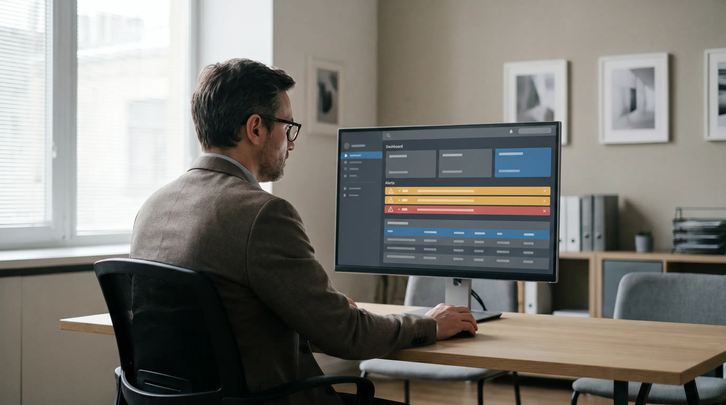 Analyst in a quiet office reviews suspicious-betting alerts on a desktop screen