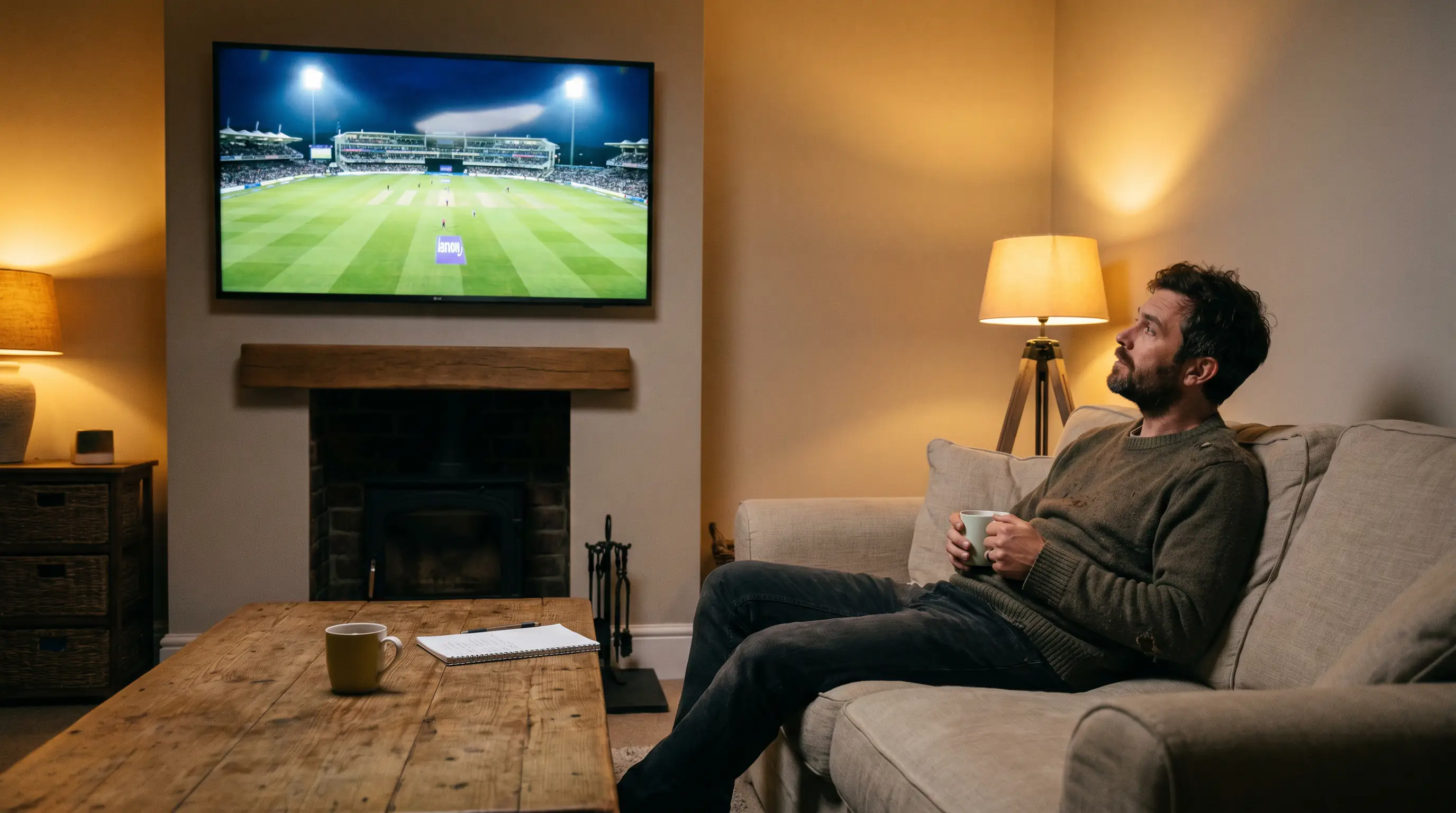UK cricket fan watches an IPL broadcast on a TV at home with a notebook on the table