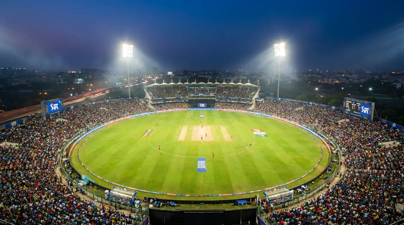 Packed Indian Premier League cricket stadium under bright floodlights with a sell-out crowd watching an evening fixture