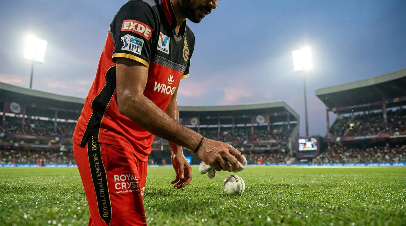 Spin bowler wipes the ball clean as dew settles on a floodlit IPL outfield