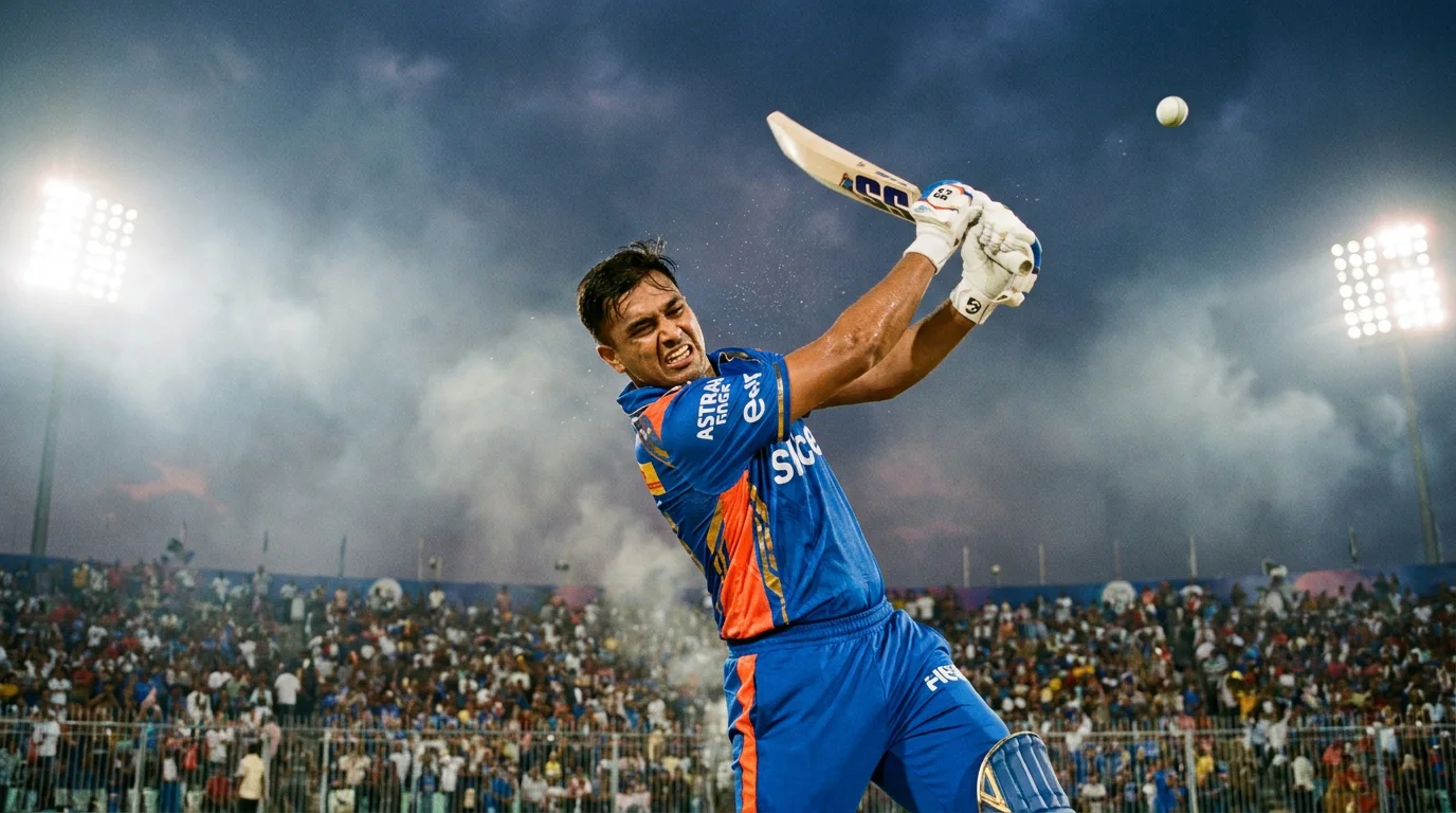 IPL batter strikes a six over the leg-side stand at a floodlit stadium