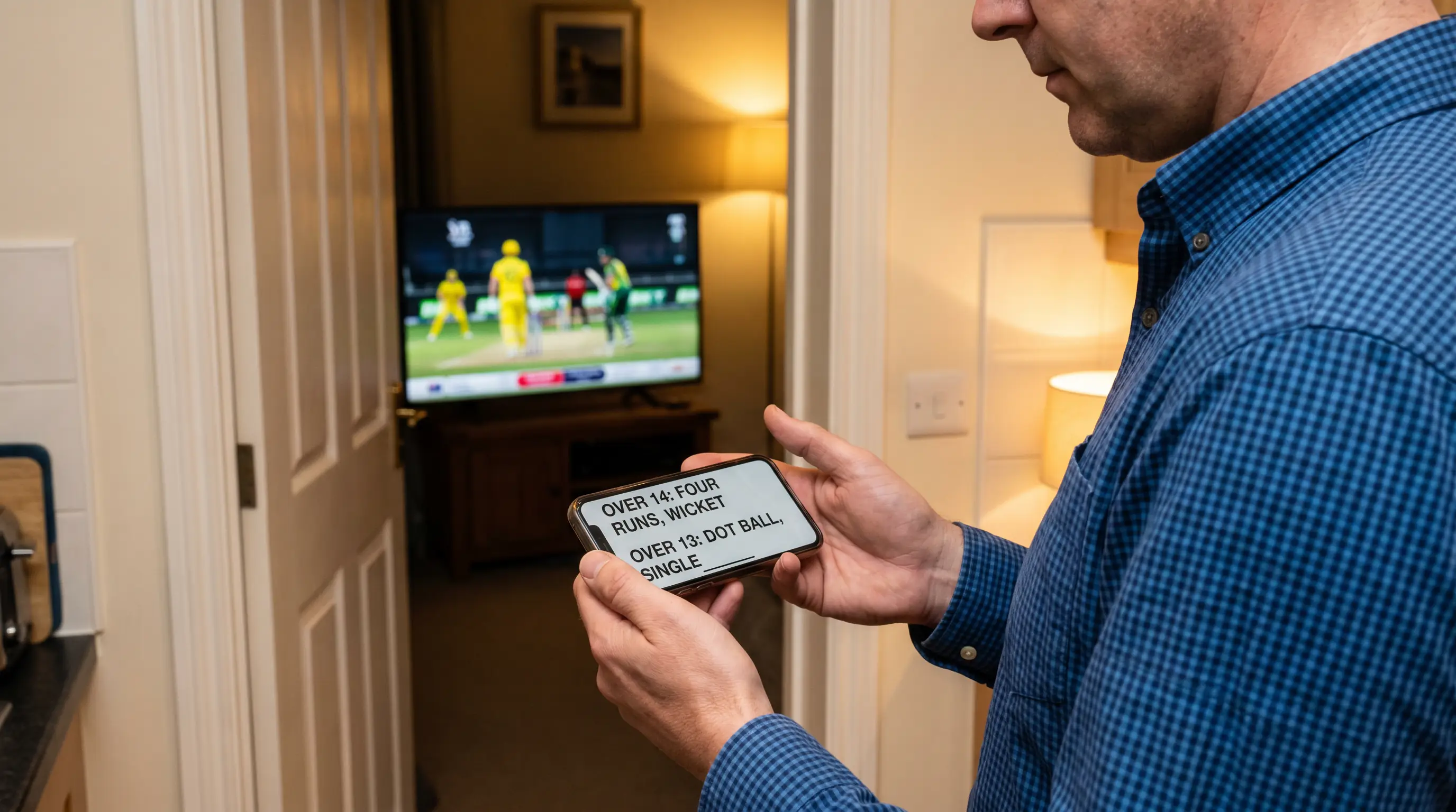 Cricket fan checking in-play match odds on a mobile phone during a live game