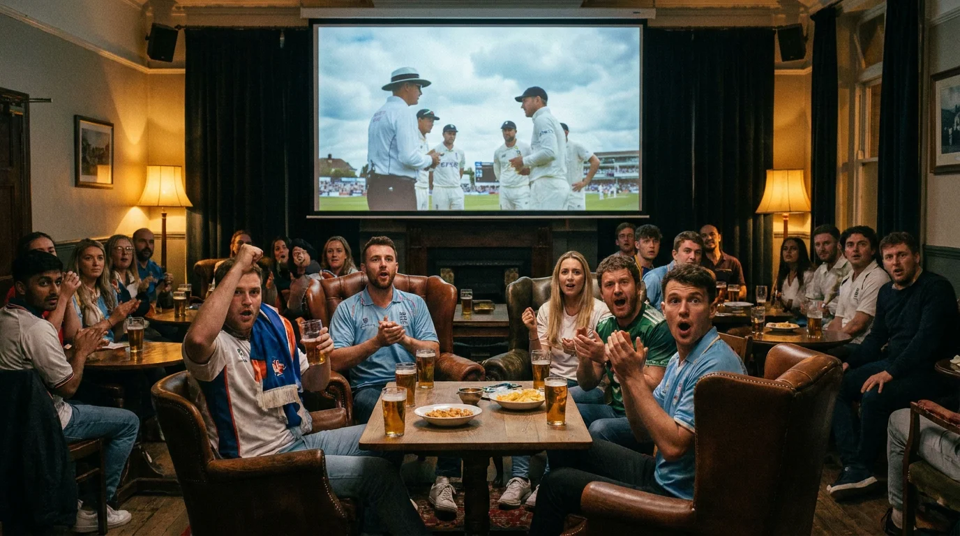 Cricket fans watch a live broadcast as the umpires confer about a rain interruption