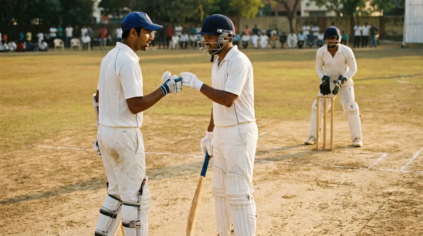 Batter and runner signal between deliveries with the wicketkeeper looking on