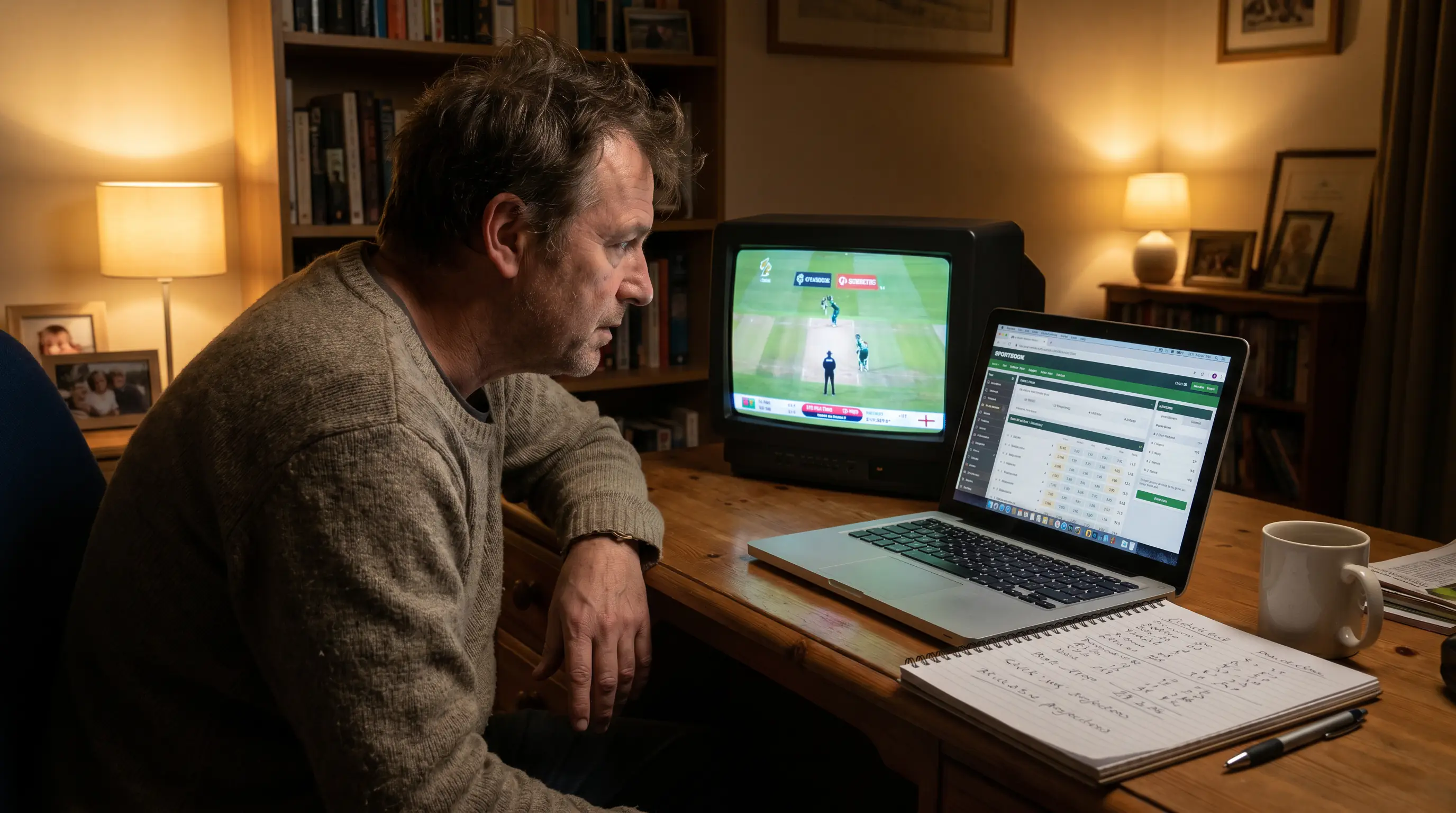 Cricket punter follows in-play market repricing on a laptop during a live broadcast