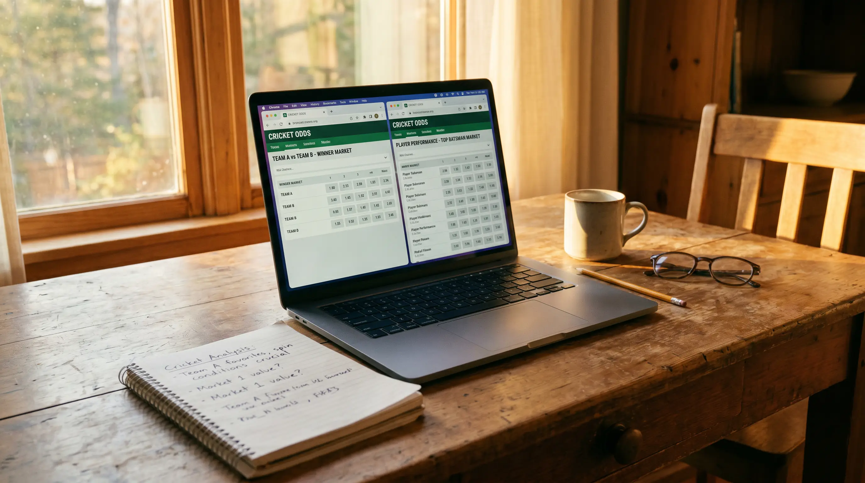 Cricket punter compares multiple sportsbook market pages on a laptop with notes alongside