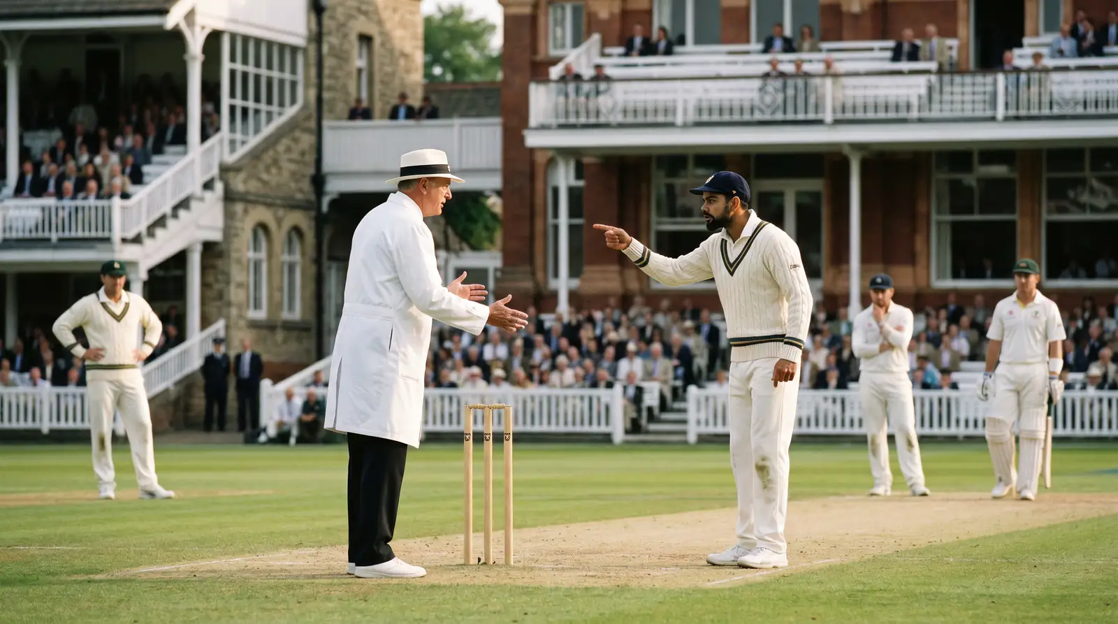 Umpire confers with a player during a review during a cricket match