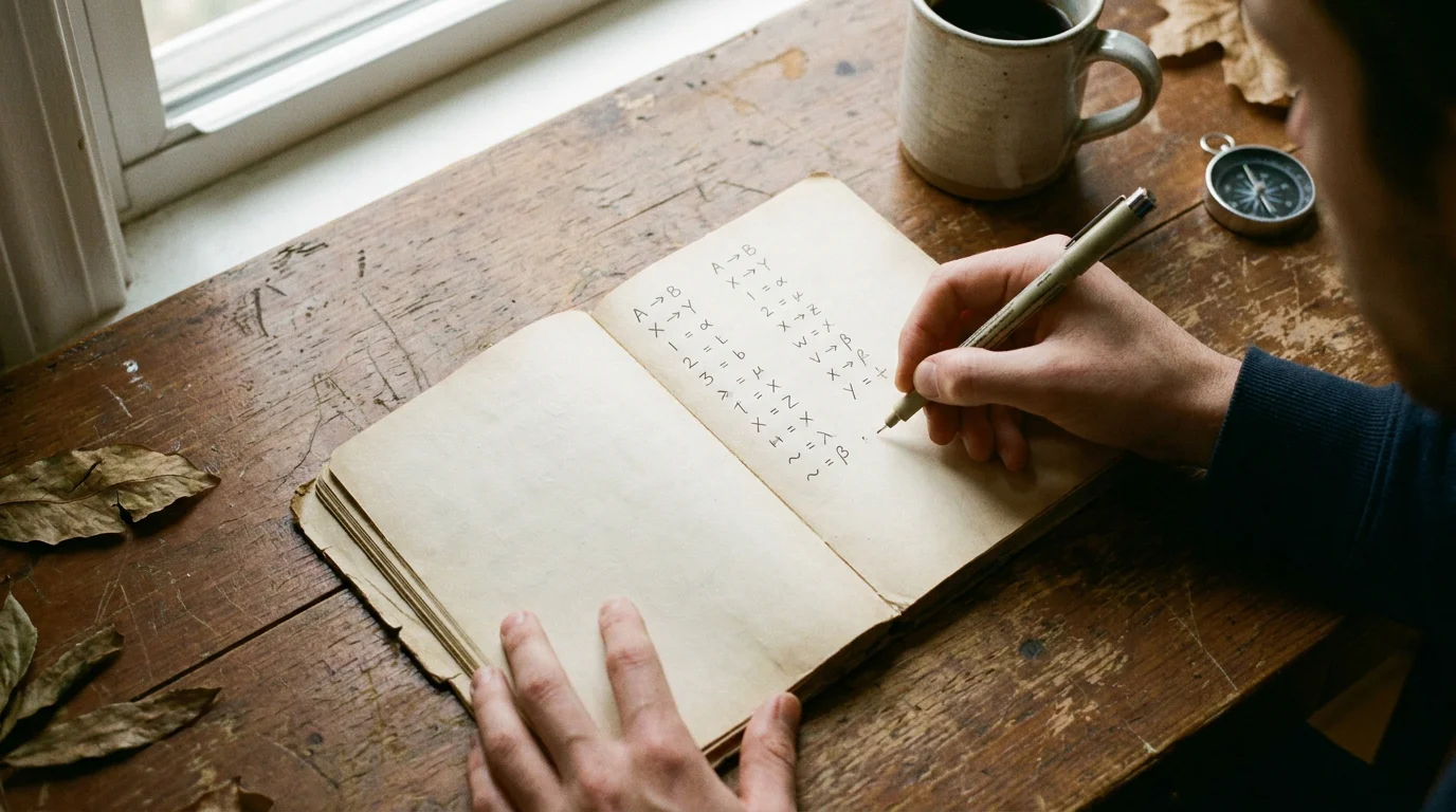 Punter writes paired fractional-to-decimal conversion examples in a paper notebook