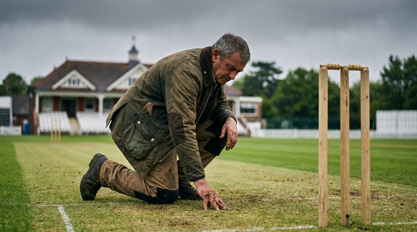 Pitch curator inspects a green-tinged cricket strip under overcast skies