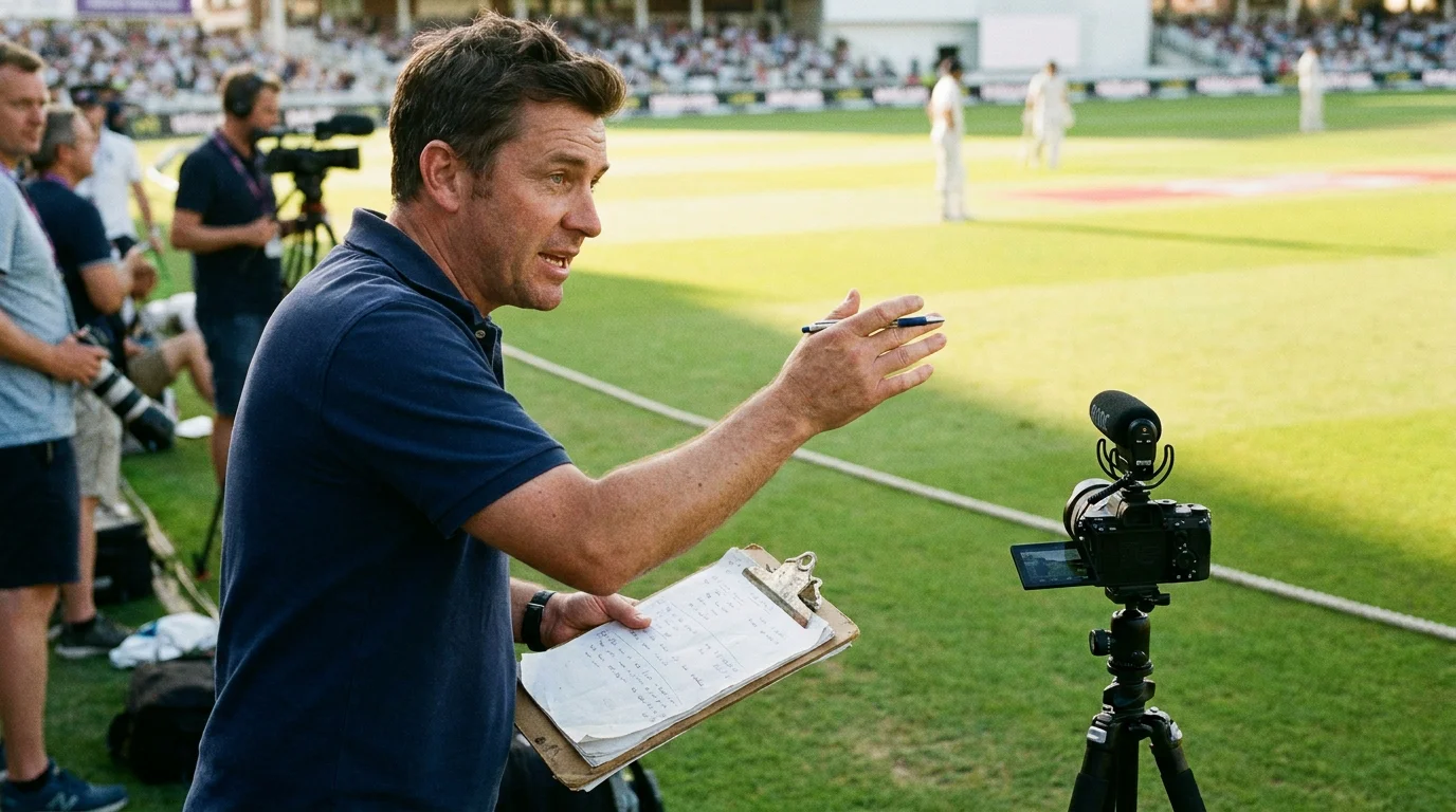 Cricket analyst examines pitch report notes on a clipboard at the boundary edge
