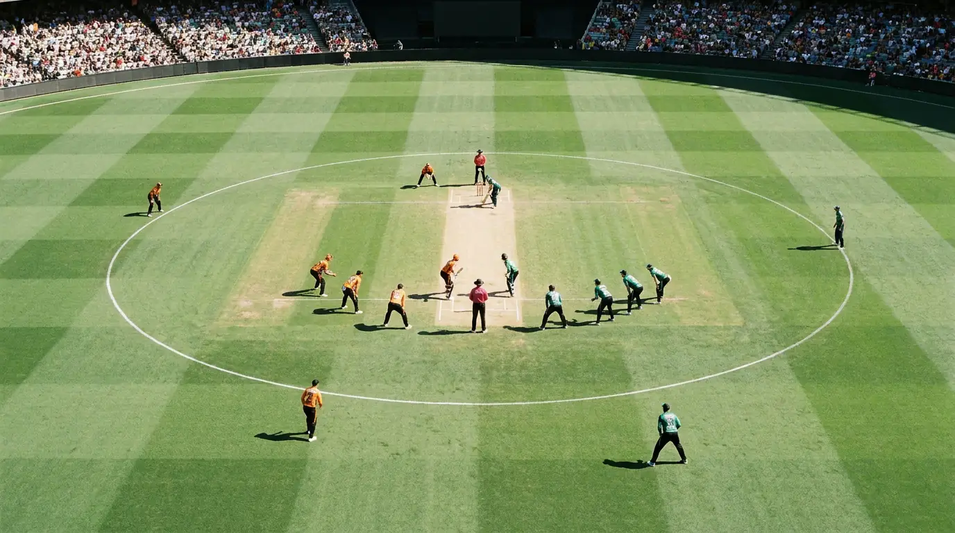 Aerial view of a cricket field showing the inner circle and powerplay field placements